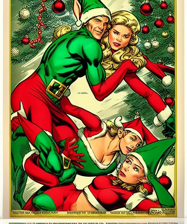 two elves. woman and man. Christmas scene. poster. marvel comic. low-key