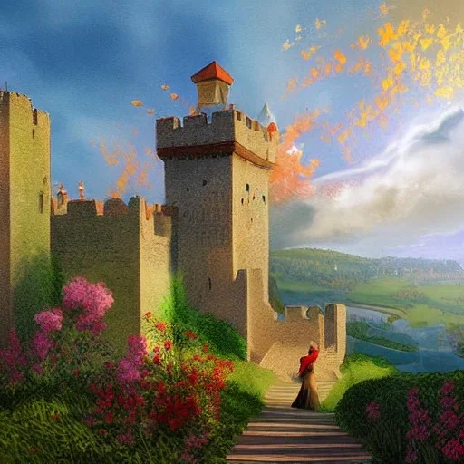  Castle into sky, with flowers of fire. Green clouds and birds. Shy girl going out of the main gate. Detailed painting, sharp color, medieval, intricate detail, far sceen, realistic colors, medieval concept art. spring.