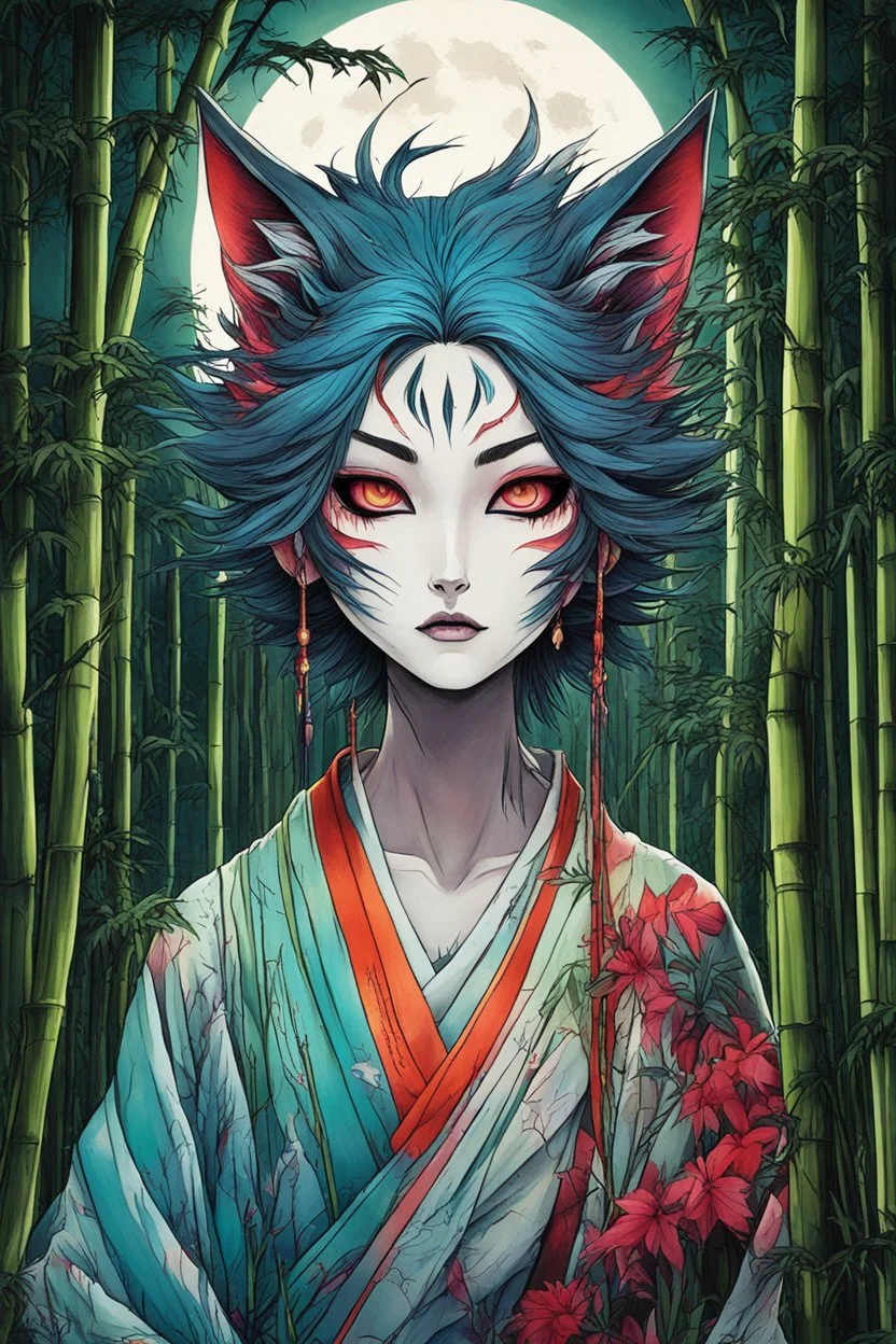 full color front facing portrait of a Bakeneko woman with highly detailed hair and slim, narrow facial features, in a haunted mountain bamboo forest, pierced by shafts of moonlight , danger lurks everywhere but she is undeterred and resolute in her purpose, art in the style of Alex Pardee, spirited away, studio ghibli, , 8k , finely detailed and precise line work, soft natural Spring colors