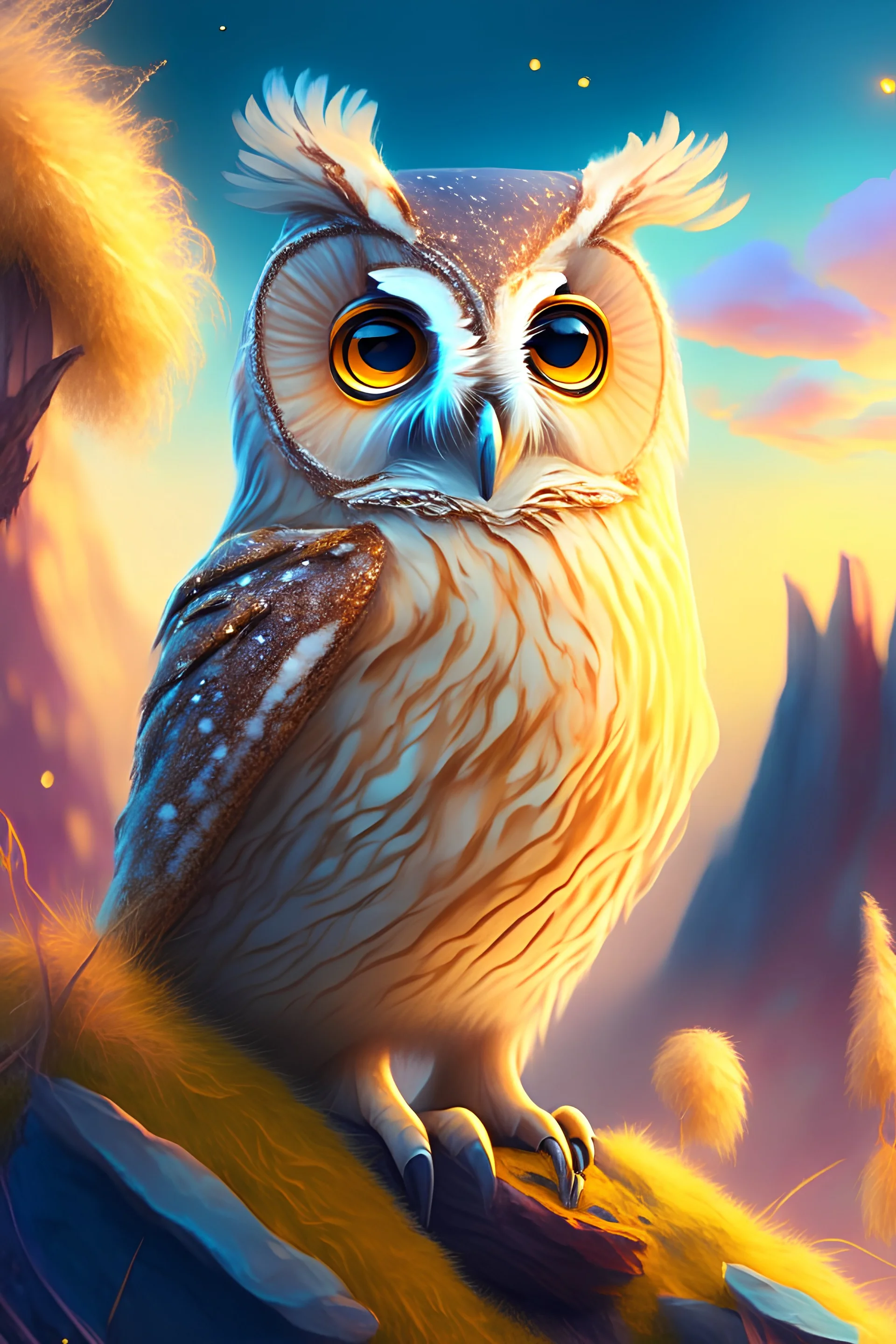 a full portrait of a cute owl, bright tone, fantasy landscape