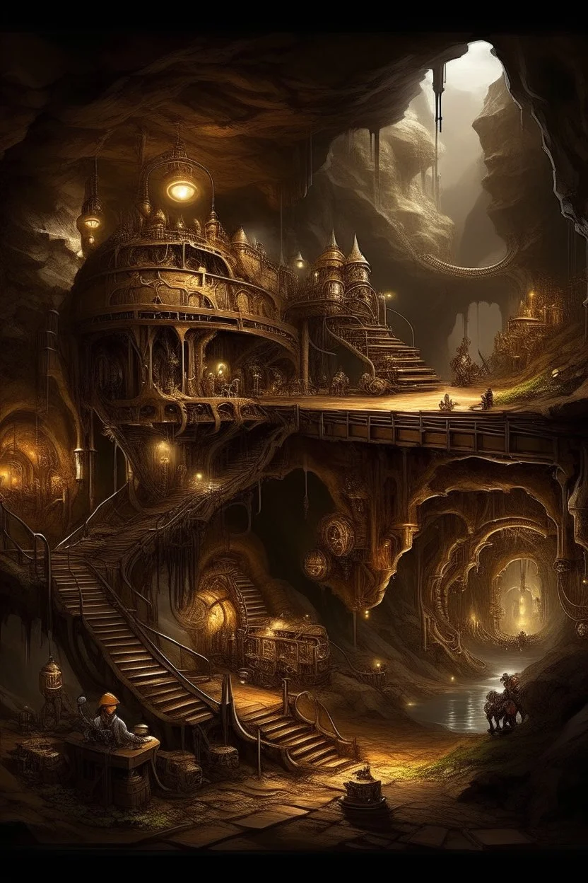 steampunk world with the cave