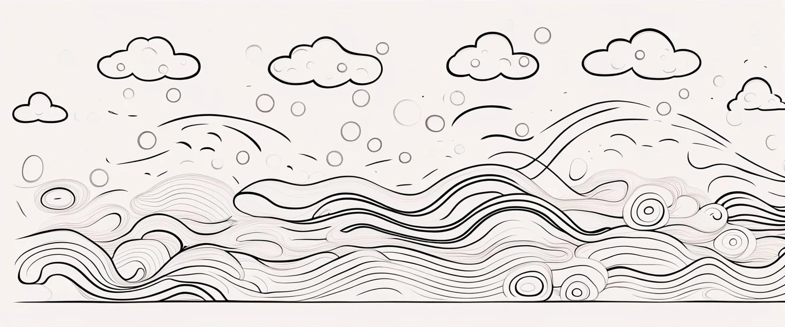 a series spaced curved and looping horizontal lines with paths inspired by clouds bubbles and flowers, cloud topography, whimsical cute, kawaii, black lines on white, vector lines