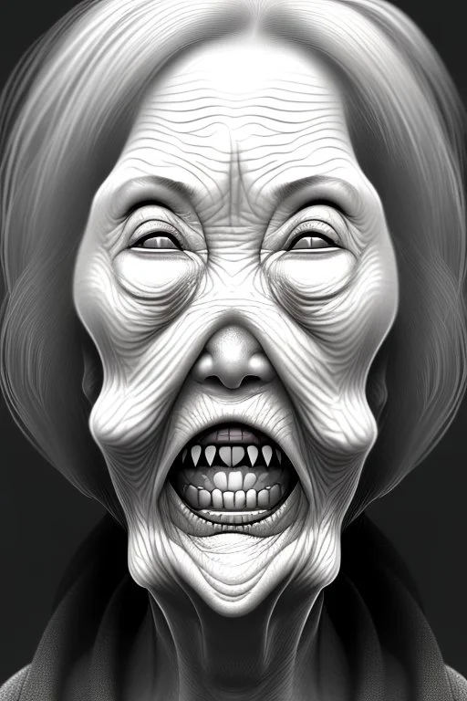 A brutishly ugly old woman in greyscale