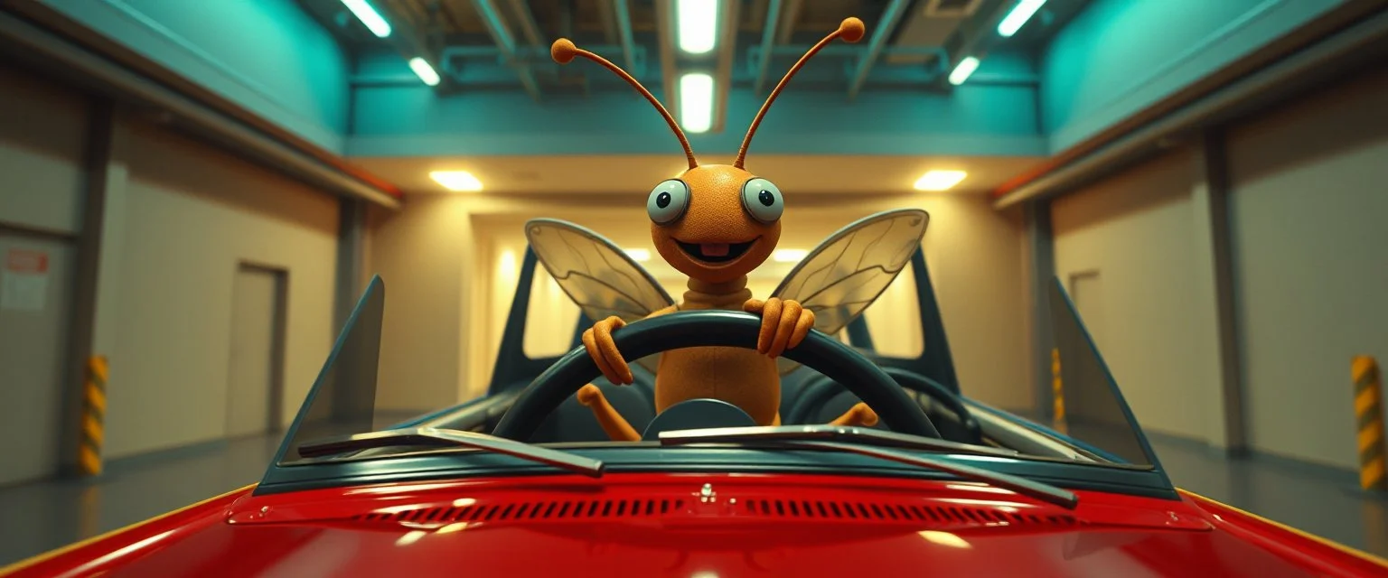 car driving happy 2d insect anime man in the style of Escher and Giger and Fallout 4, pinhole cam, airbrush 3d rendering, on tv screen:A five-second cinematic single take in a clean industrial presentation hall.