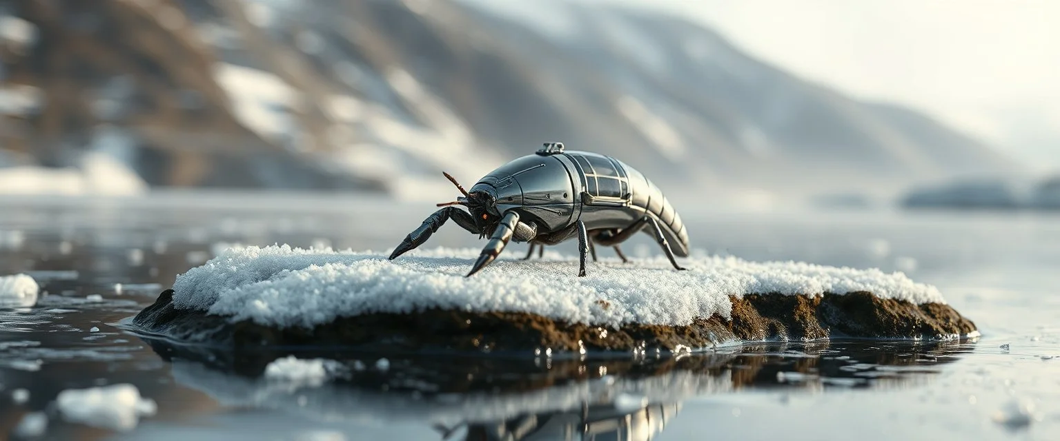 airbrush 3d rendering, close up chrome centipede lobster space ship on small frozen island in lake, pinhole cam, background motion blur