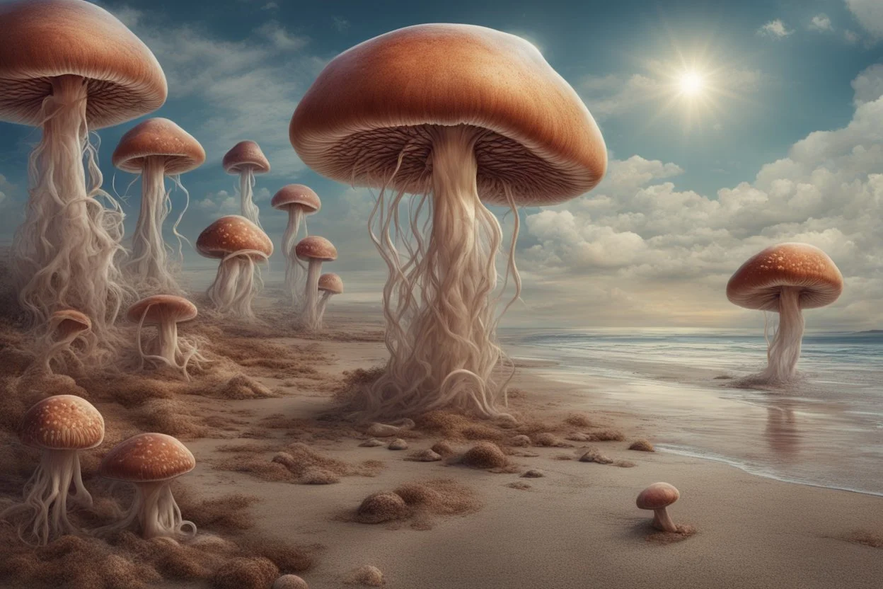 Standing on a beach of an alien world, mushrooms with jellyfish tentacles in the sky, photorealistic, Deep Colour, Fantastical, Intricate Detail, sunshine