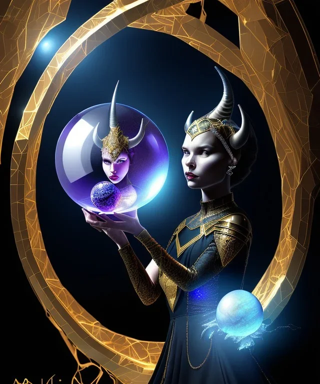 A dark female entity with horns sitting down on her thron pearing into a small crystal ball she holds in her hand, fantasy, realistic,