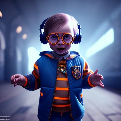 Harry Potter toddler, smile, cyberpunk headphone, sunglass, gangsta neckless, full body, orange puffer jacket, tokio background, dramatic lighting, hyper realistic, unreal engine 5, 16k