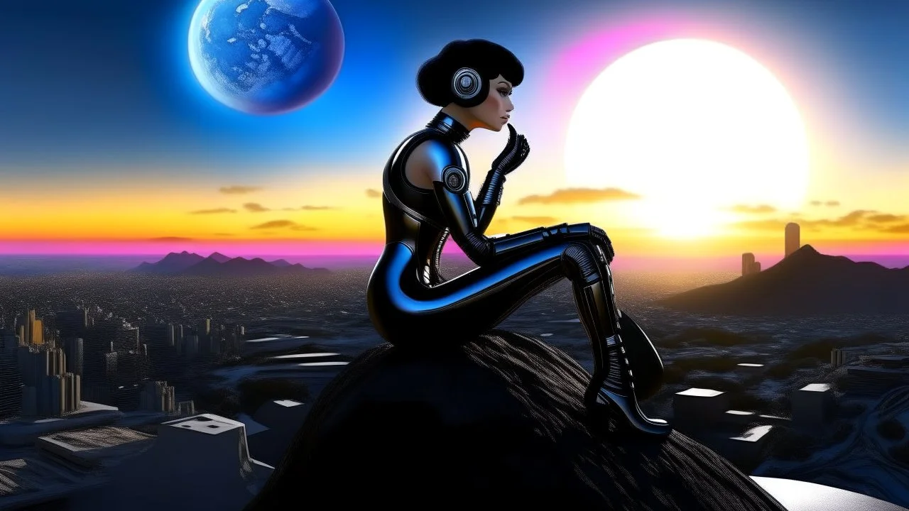 A white woman with black hair, in an android-looking catsuit, sitting on a rock, sideways, with Saturn planet behind her, filling most of the sky, a futuristic city on the horizon, evening sunlight