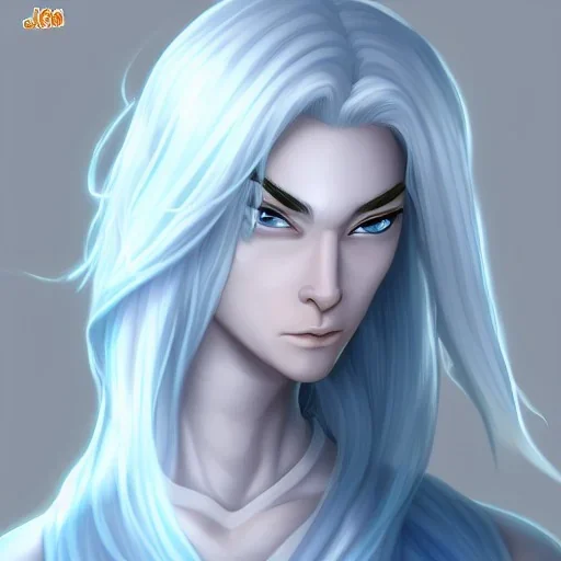 Female Air Genasi Monk with light blue skin, flowing white hair, grey eyes, and calm facial expression