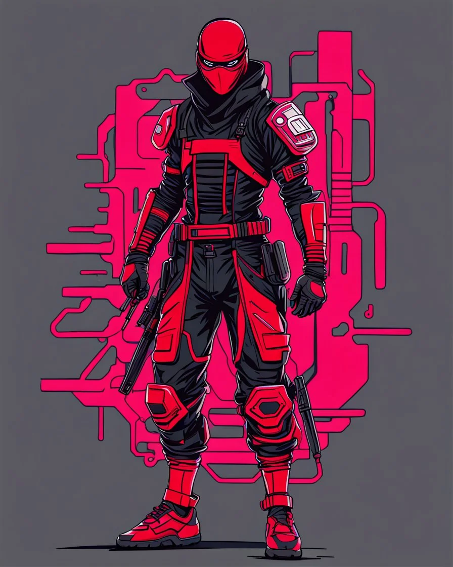 dibujo de contorno de un Ninja negro y rojo con traje cyberpunk, full body