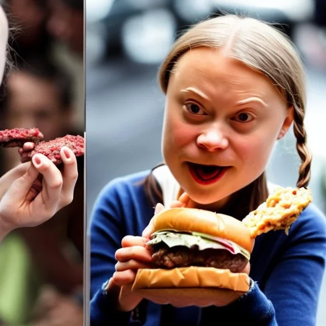 Greta Thunberg eating human meat burgers oozing with grease.