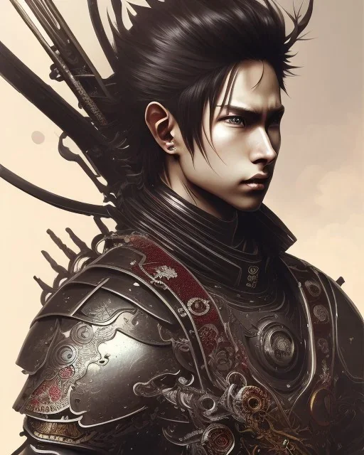 Detailed anime boy, dark brown hair, black and red dragon scale armour, intricate details, full body portrait, keep head in frame, slight smile, black Japanese motif, concept art, highly detailed, digital painting, concept art, sharp focus, illustration, art by Yoji Shinkawa, WLOP and greg rutkowski and alphonse mucha and artgerm and yanjun Chen and Junji ito and Makoto Shinkai, HDR, octane render