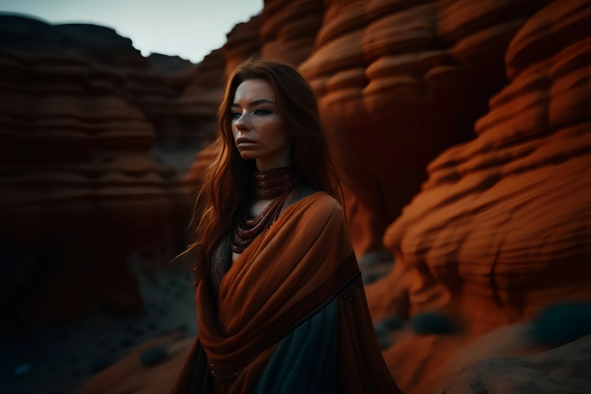 cinematic photography, turkmenistan woman, dutch angle shot, candid shot, hasselblad X1D, StarWars Boho organza velvet fashion,oscar winner movie,realisticpunk,matte colors,eclectic,in the ancient carved Petra ruins canyon at stormy sunrise, style raw