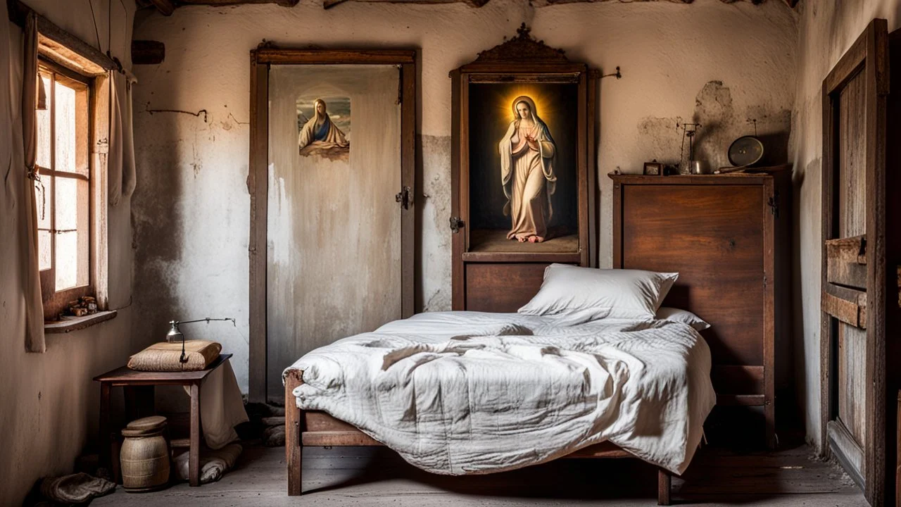 poor European small village room with a narrow old vintage wooden bed, large white pillows at the end of the bed, an old wardrobe, a small wooden table by the wall with a kerosene lamp on it, a religion painting of the Virgin Mary the blessed mother with sacred heart on the wall, an old rectangular mirror on the wall, the wooden framed window simple poor village furniture, sharp focus, high realistic, perfect photo,