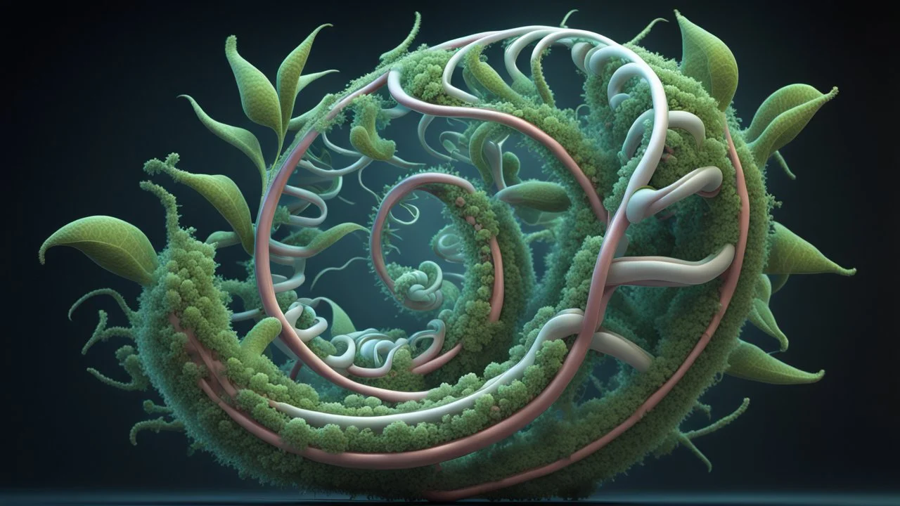 A genetically engineered plant emerges from a mesmerizing spiral, inspired by E. T. A. Hoffmann. This intricate 3D render depicts a fusion of primitivism and biochemistry, showcasing a fascinating blend of RNA bioweapons, xenobiology, and the morphing DNA helix. The image portrays a bioorganic concept of a mechanically evolved life form, born out of DNA experiments.