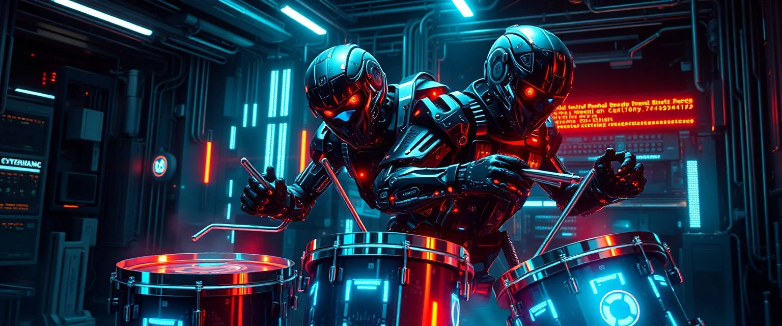 cyberpunk imagery synchronized mechanical drumming flickering stable core