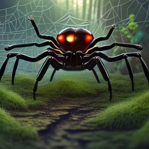 closeup on black widow spider , shiny spider web ,wooden bridge in magical forest, spray painting, foliage frame, fantasy art , movie poster, Realistic photography, incredibly detailed, ultra high resolution, 8k, complex 3d render, cinema 4d, color corrected