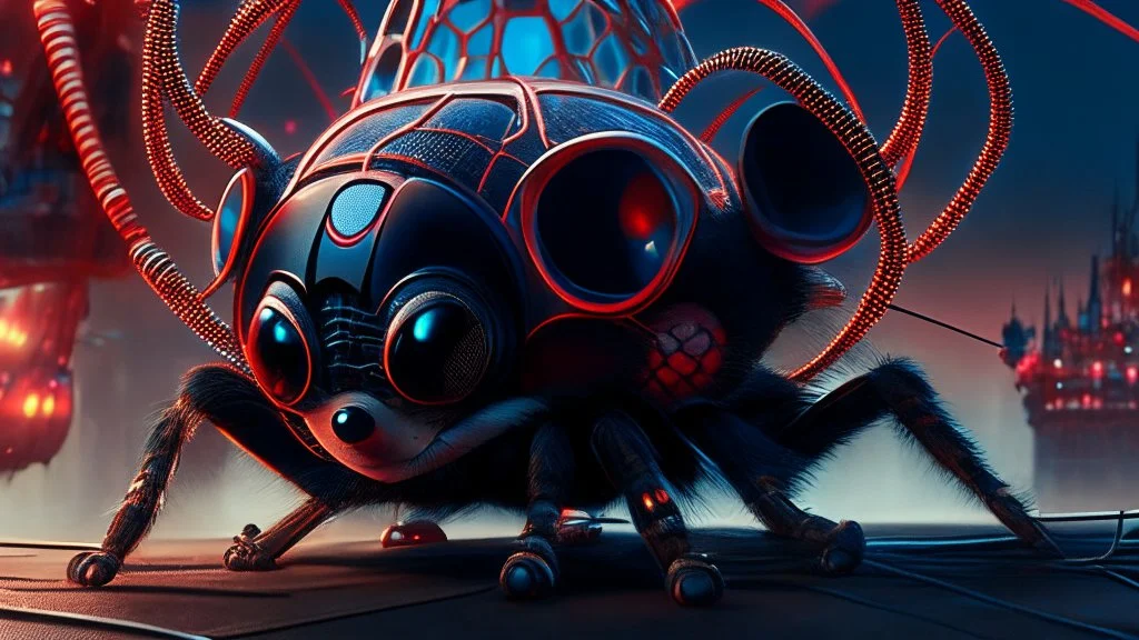 a spider mickey mouse hybrid, photorealism, movie screen capture, horror, sci-fi, retrofuturism,