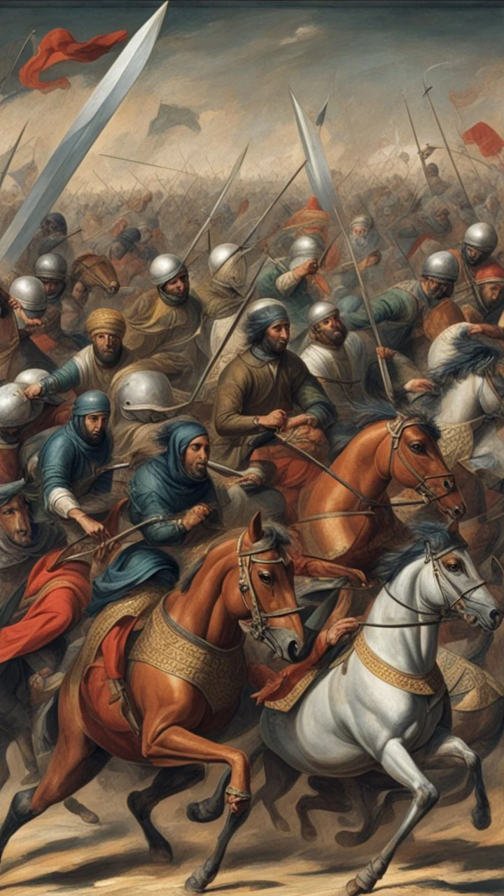 A picture of a battle of Muslims against polytheists with swords and horses