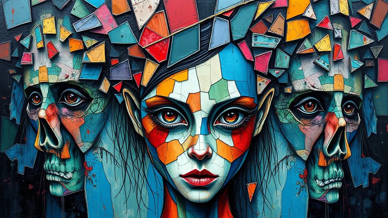 A unique celebration of color and watercolor paint brush detail, featuring a girl chaotic head An oil painting of broken ceramic pieces in with a ceramic Polish portuguese with an abstract checkered brush with zig-zag outlines impasto style with thick, textured brushstrokes. effect anomalous mystical horror fortal eerie background stack of mirrors millions tilted towards a collage of terrifying pixelated faces Holes with the face of the eyes slayer blue string panel paint thinner color roug