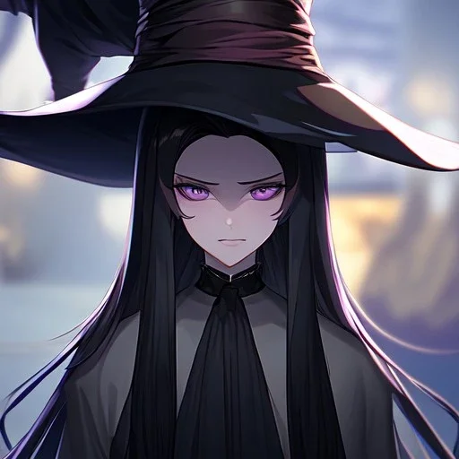 Clear focus,8k,Beatiful Lighting,Beatiful Blur,Beatiful Face,Beatiful Shading,Black long hair,silky hair, long silky bangs, Purple eyes, wearing a witch outfit, extreme close up