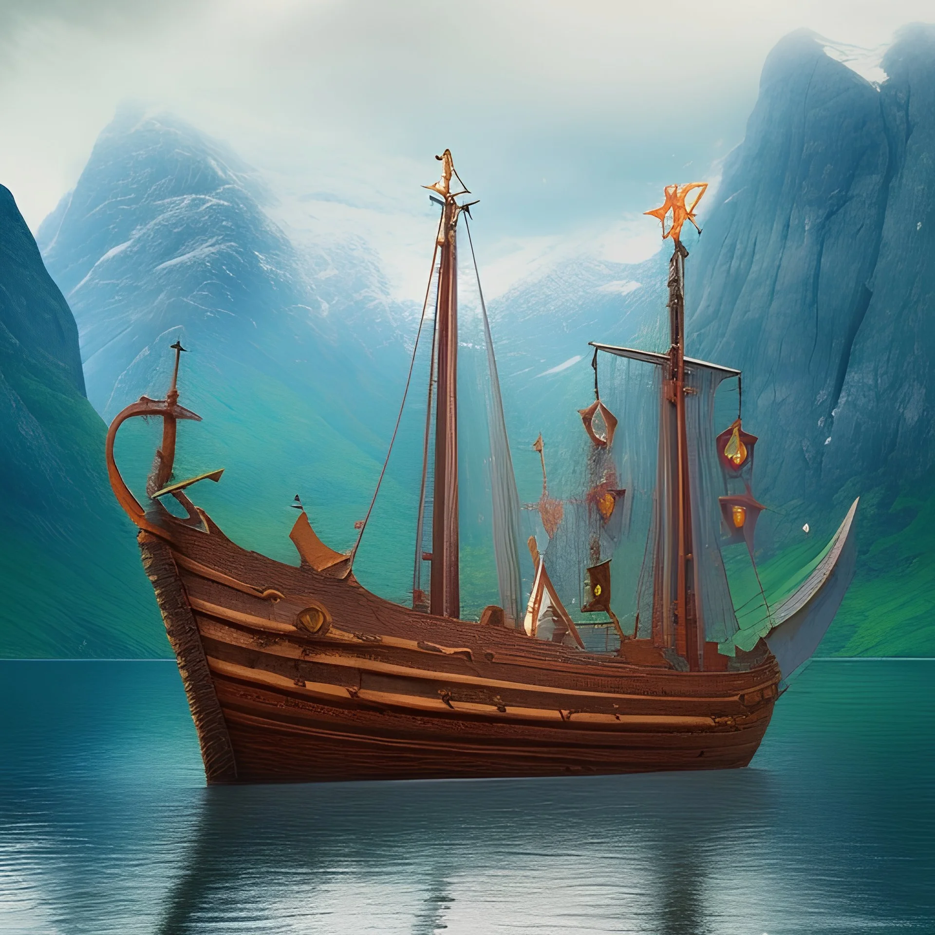 Nærøyfjorden Verdsarvpark, tree on a viking ship, in the style of pixar