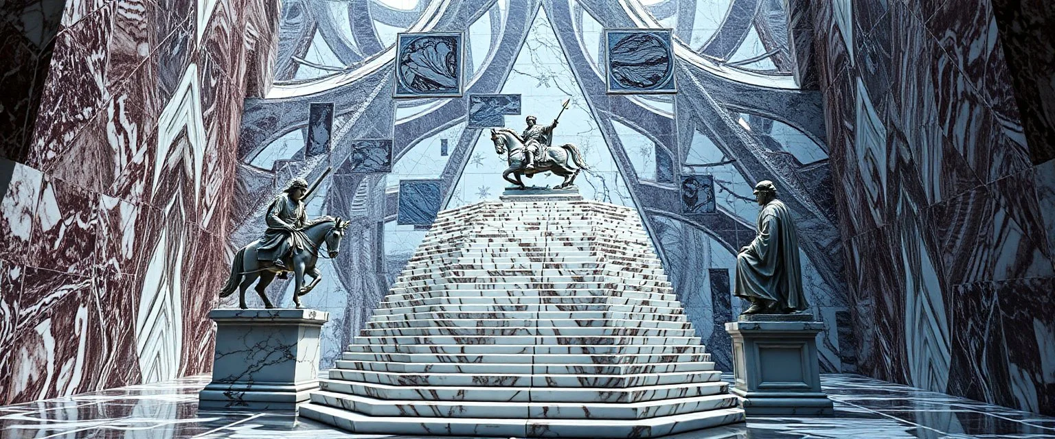 the chariot, the fool and the tower tarot card disaster rendered in magnificient 4d glossy marble stones reflective and wet, like mirrors, winding stairs, watchers, statues of perfect octahedron dice, pyramid labyrinth