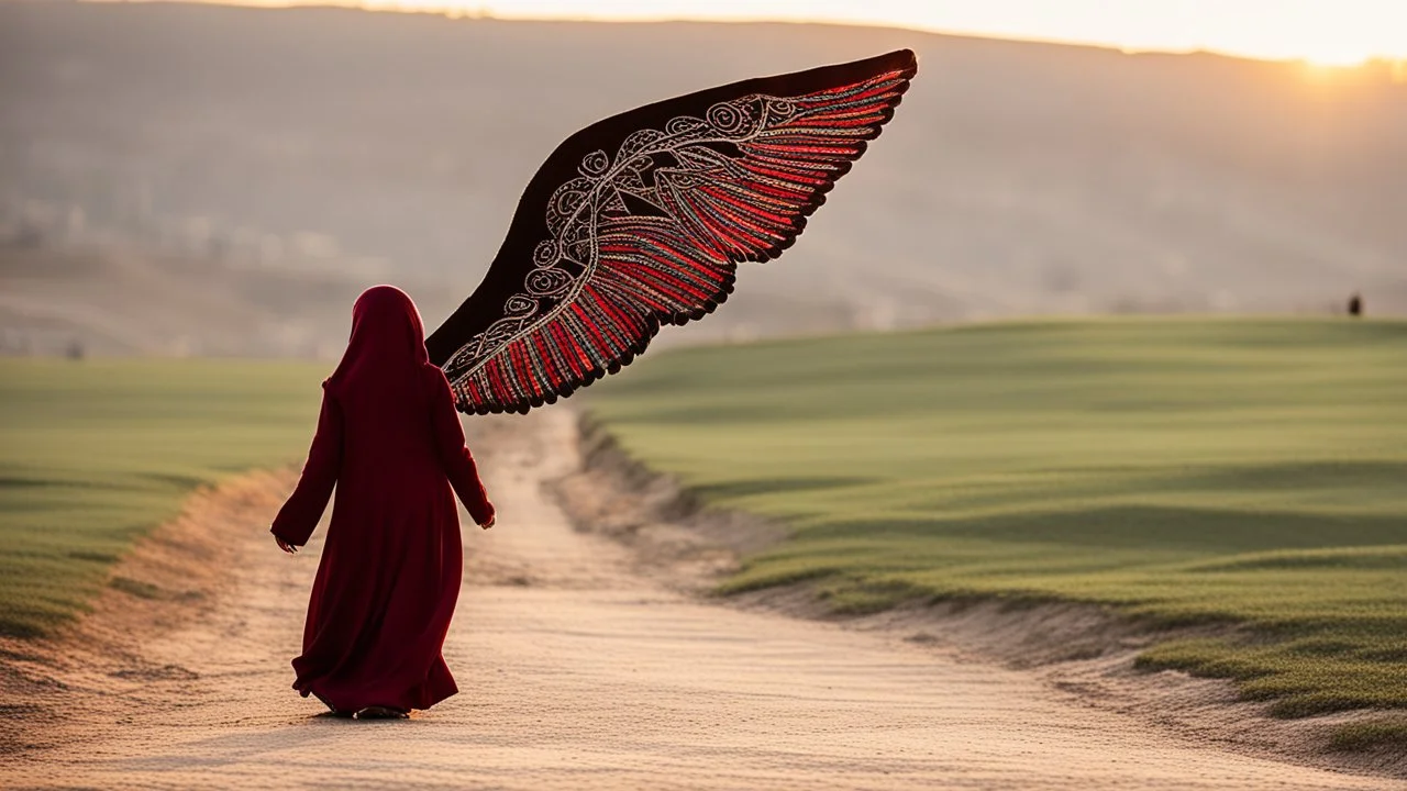 A Palestinian girl have wings wearing an embroidered dress in gaza during sunset in winter.