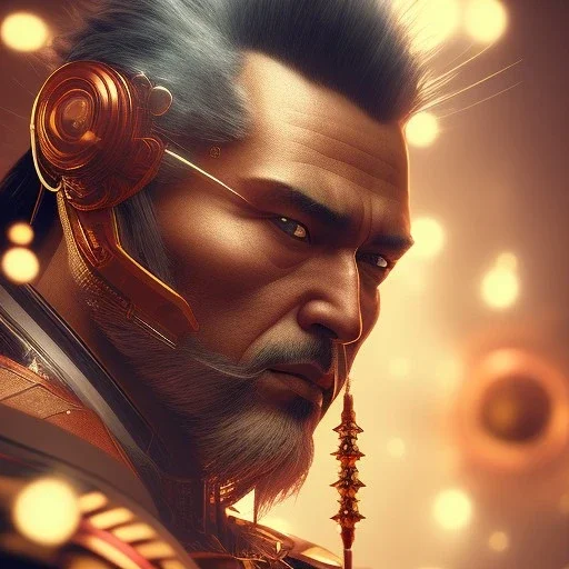 A portrait of a crystalised robot samurai with yakuza tatu, atmospheric, realistic, unreal engine cosmic galactic, cinematic lighting, octane render, transparent,indigo neon light, cosmic ambiance, masterpiece, art by Yoji Shinkawa, composing fit inside