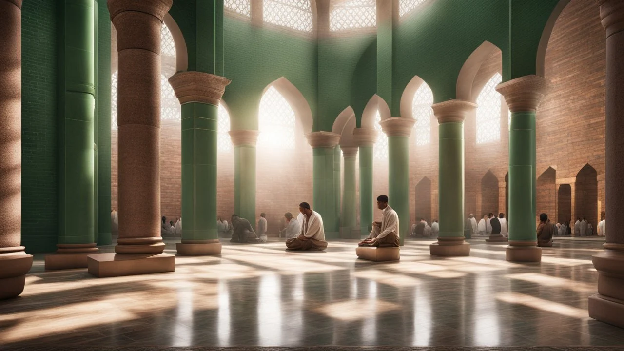 Hyper Realistic Photographic-inside-view of people praying inside a Huge Green-Brick-walled & beautifully-crafted-Brown-pillars & marble-flooring mosque sun-rays-coming-inside-architectural-window & fancy-carpet showing dramatic & cinematic ambiance