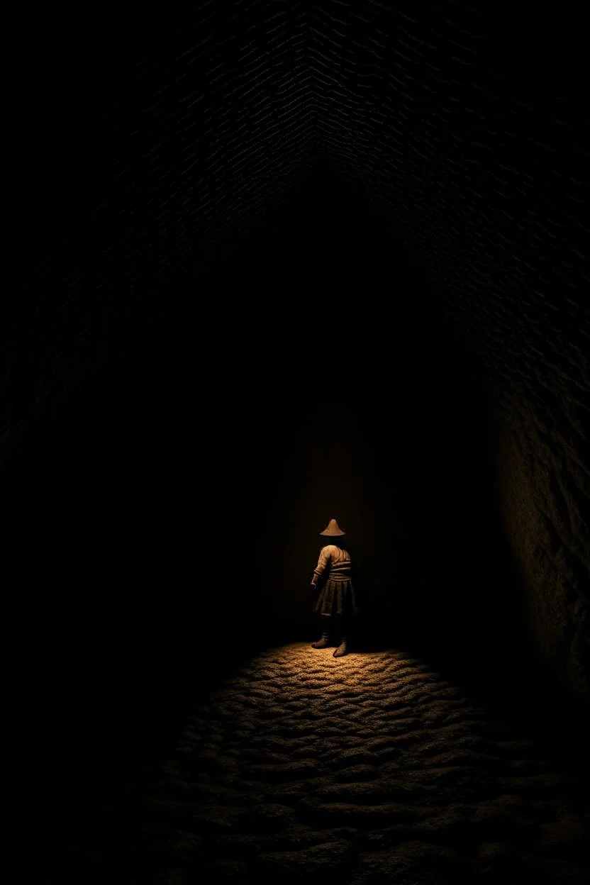 character in semi-darkness, on the scree cone of an underground room dimly lit by daylight coming from a well located forty meters above.