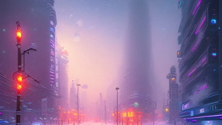 Space cyberpunk city, winter, impressionism painting