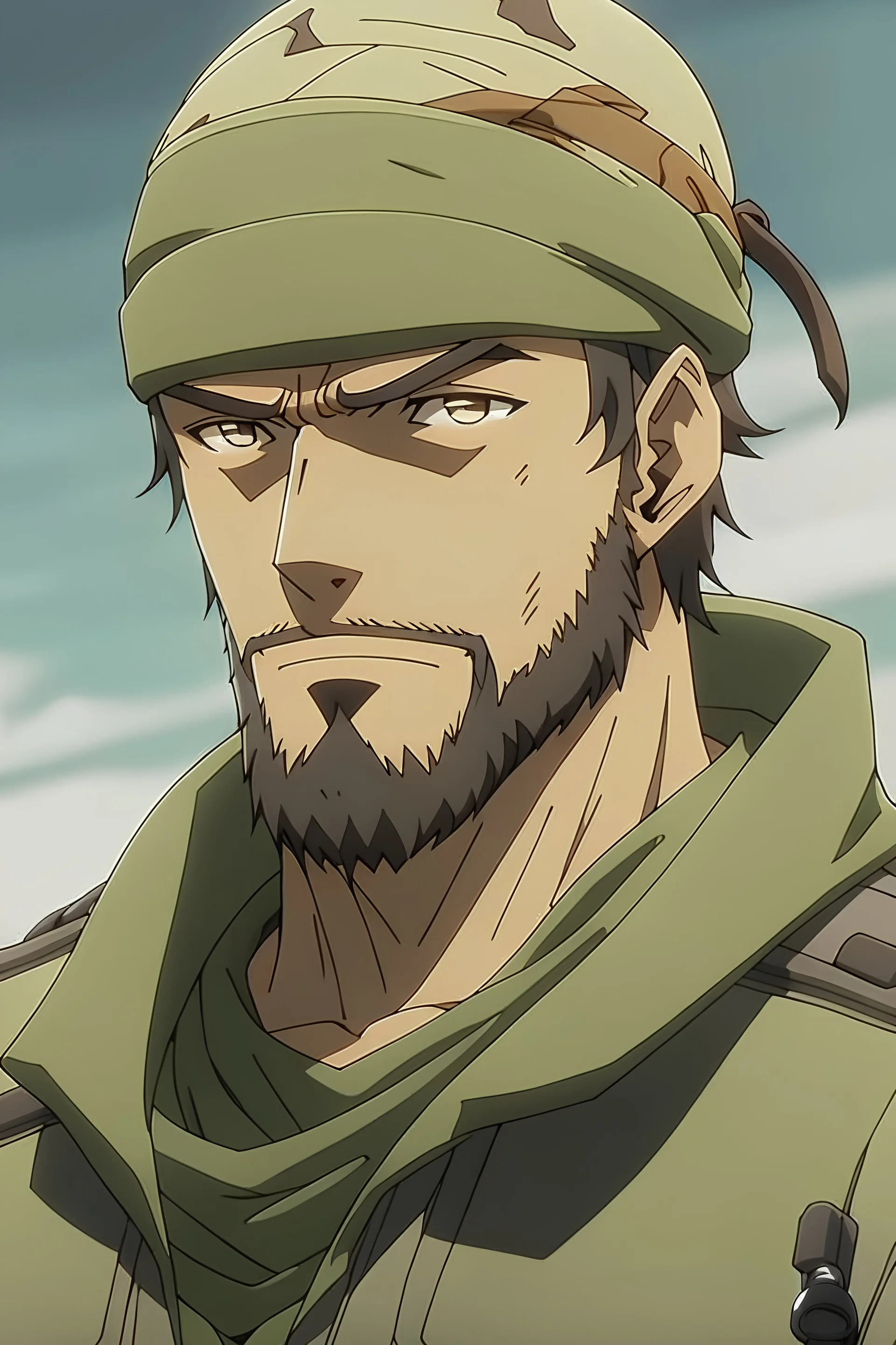 Anime side character in army with muscles , army suit, army cap , army robe ,short beard and middle Eastern skin aged 30