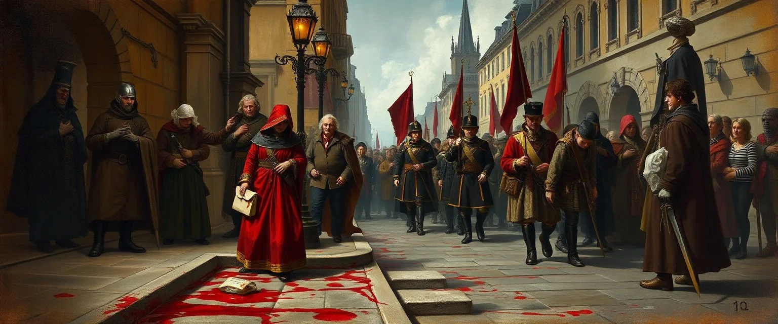 fantasy art, style of Rembrandt,Dead drop discovery: While walking, a party member stumbles upon a small, blood-stained package hidden in a gutter. It contains a coded message to a cult of the Dead Three. 9-10 Parade of the Patriars: A noble's procession blocks the street. The crowd is forced to bow, and guards roughly shove anyone who doesn't move quickly enough.