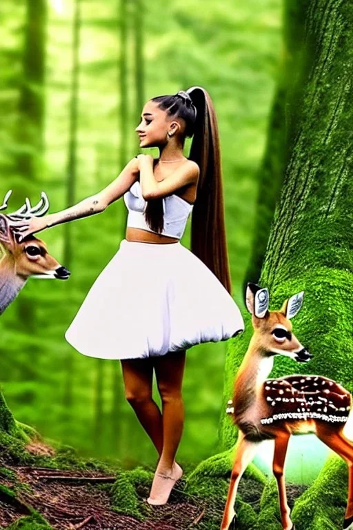 Ariana Grande as a forest nymph in the woods raising a baby deer as her own high quality