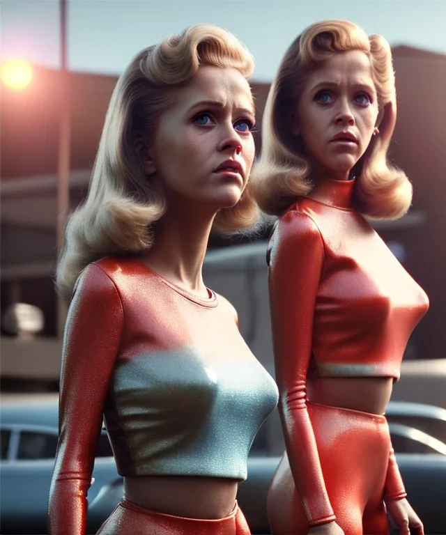 Ultra Realistic retro sci-fi movie Supermarket parking scene, 1960 year, waist up view portrait, 2 clones blonde women, sweet teenager Jane Fonda face, perfect iris, glow eyes, face makeup, tight latex coat, Scare people, Retro sci-fi style, soft color, highly detailed, unreal engine 5, ray tracing, RTX, lumen lighting, ultra detail, volumetric lighting, 3d, finely drawn, high definition, high resolution.