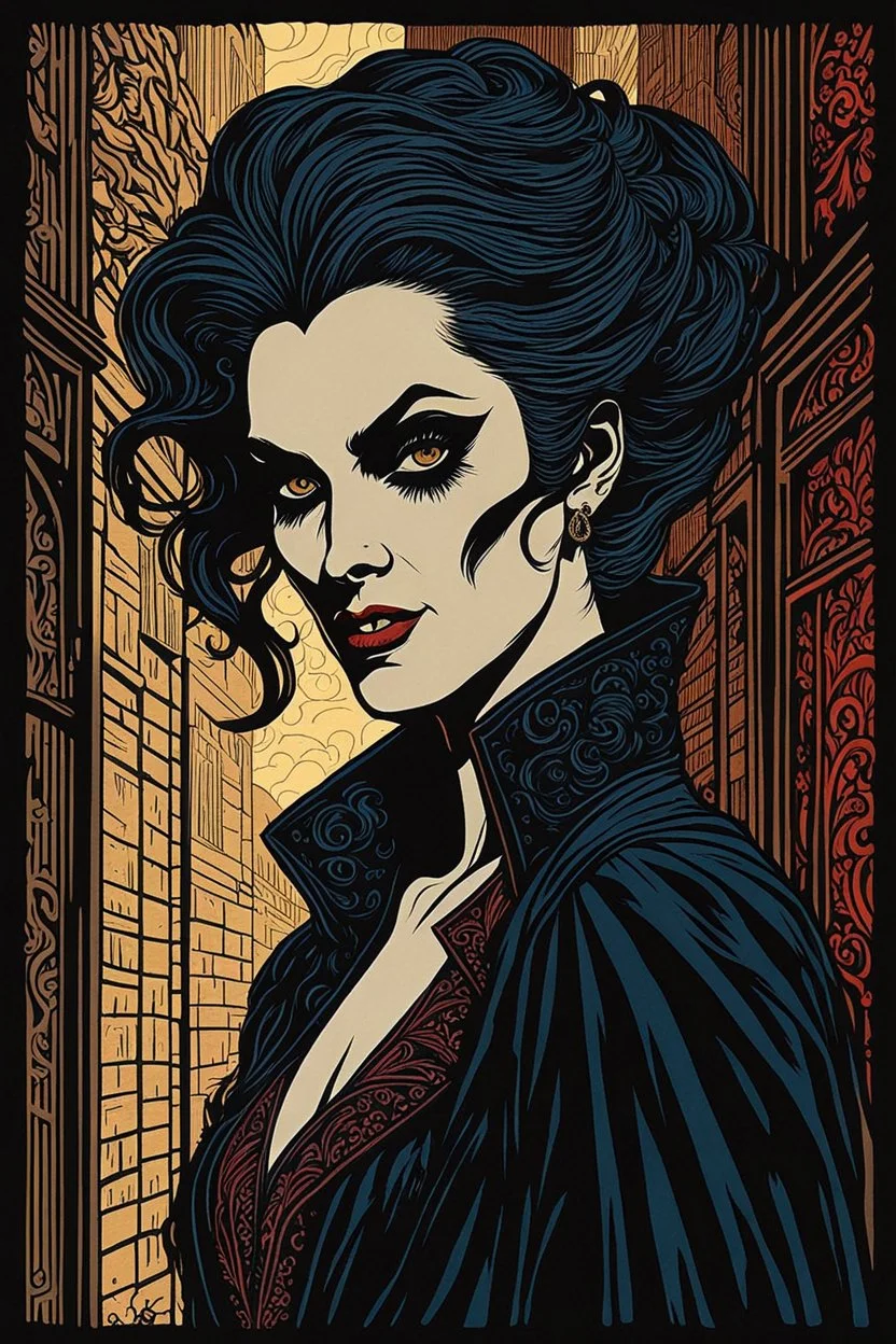 museum quality color woodcut of a Malkavian female vampire with highly detailed hair and facial features in the dark back alleys of Seattle, in the style of Gustave Baumann, with a fine art , graphic novel aesthetic, highly detailed, finely cut ,8k render,