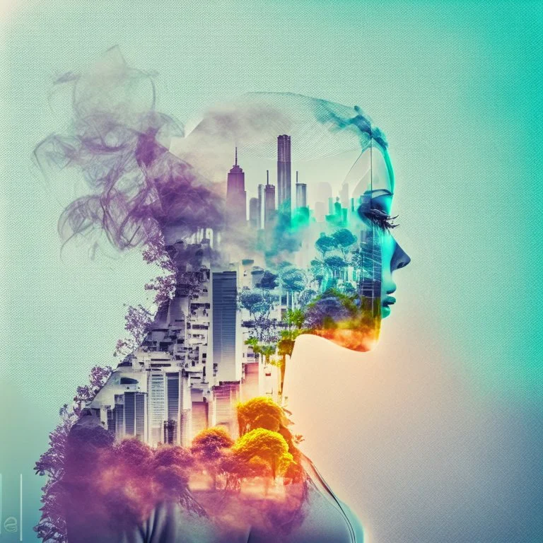 smoke, smog, city scape with pollution, double exposure photography, colourful nature, clean sharp focus, on white background