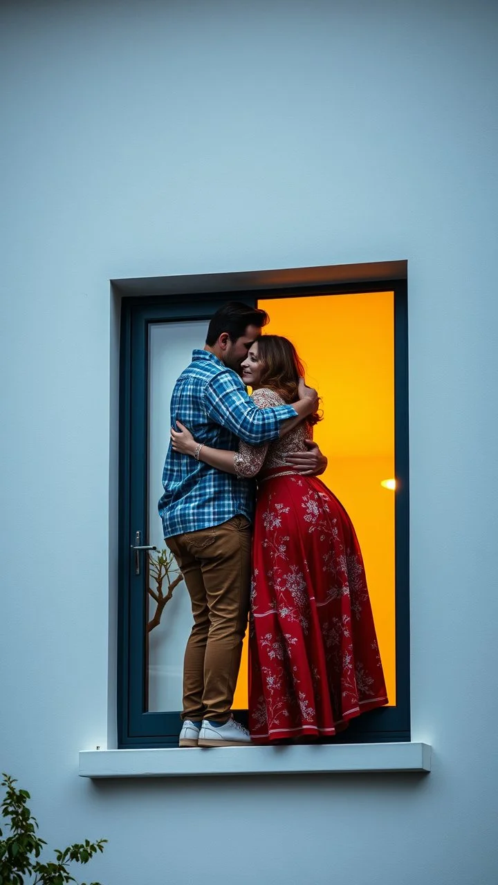 Realistic picture , a man and a women hugging each other from a window of a modern house