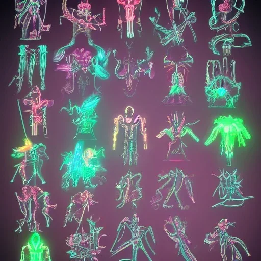 Futuristic, Neon, crystal, skeleton, samurai, smoke, glass, fire, water, multiple arms