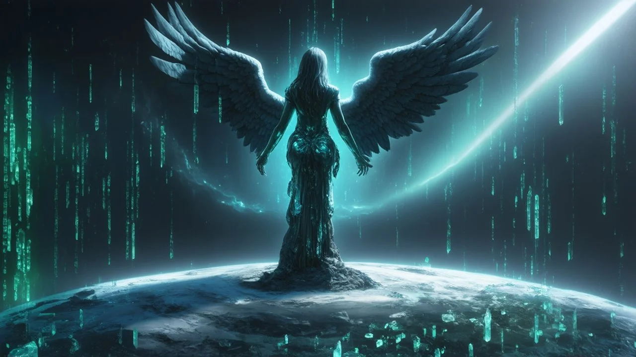 matrix codes and the back ground of the angels with wings siting monolith made of tiberium crystals