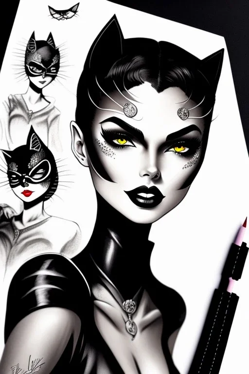 Cute friendly Catwoman, playing with cute cats, perfect eyes, perfect iris, ink and pencil, style Elisabeth Kreitz