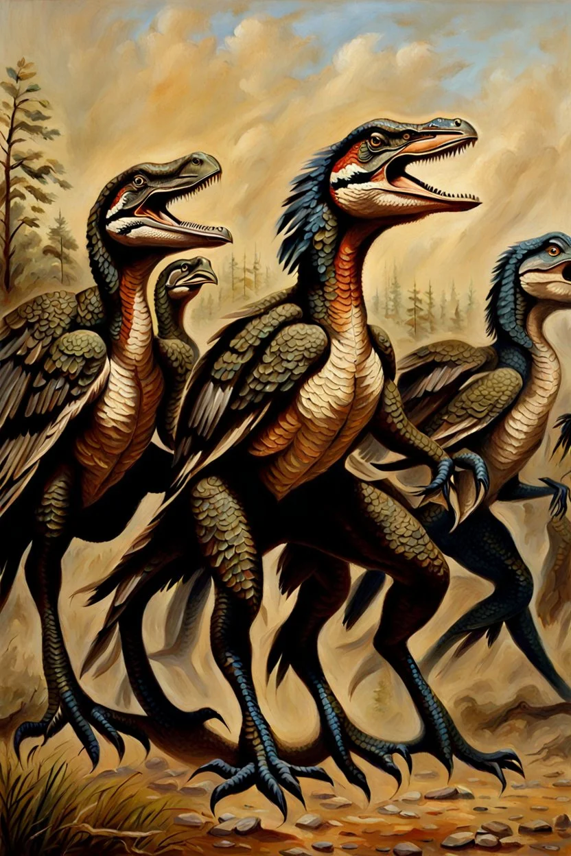Velociraptors participating in US Civil War. Oil painting.