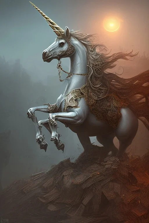 unicorn , dystopian surrealism, fantasy, hdr, demonic, dark art