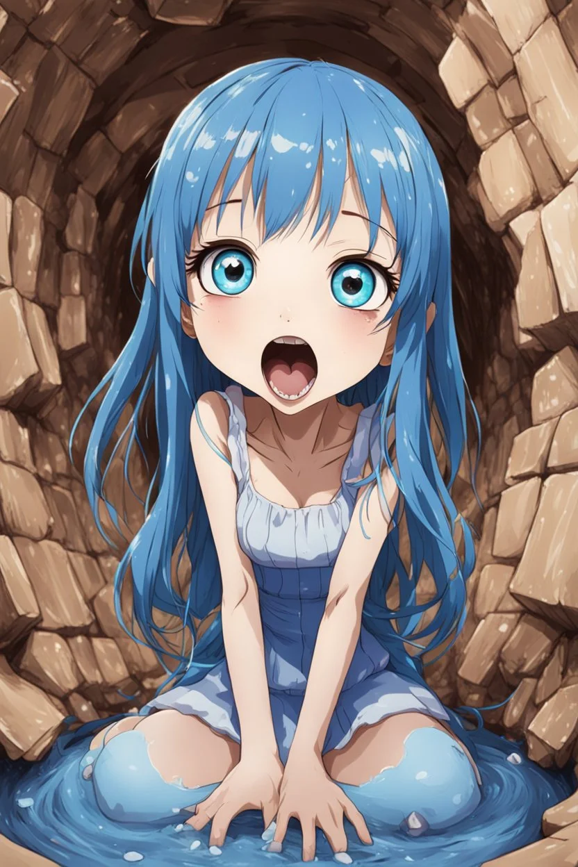 Anime girl with big eyes, blue and sepia tones, fullbody, slime, the perspective looking up from the bottom of an empty well, rolling eyes, tongue out, smile drip, open mouth,