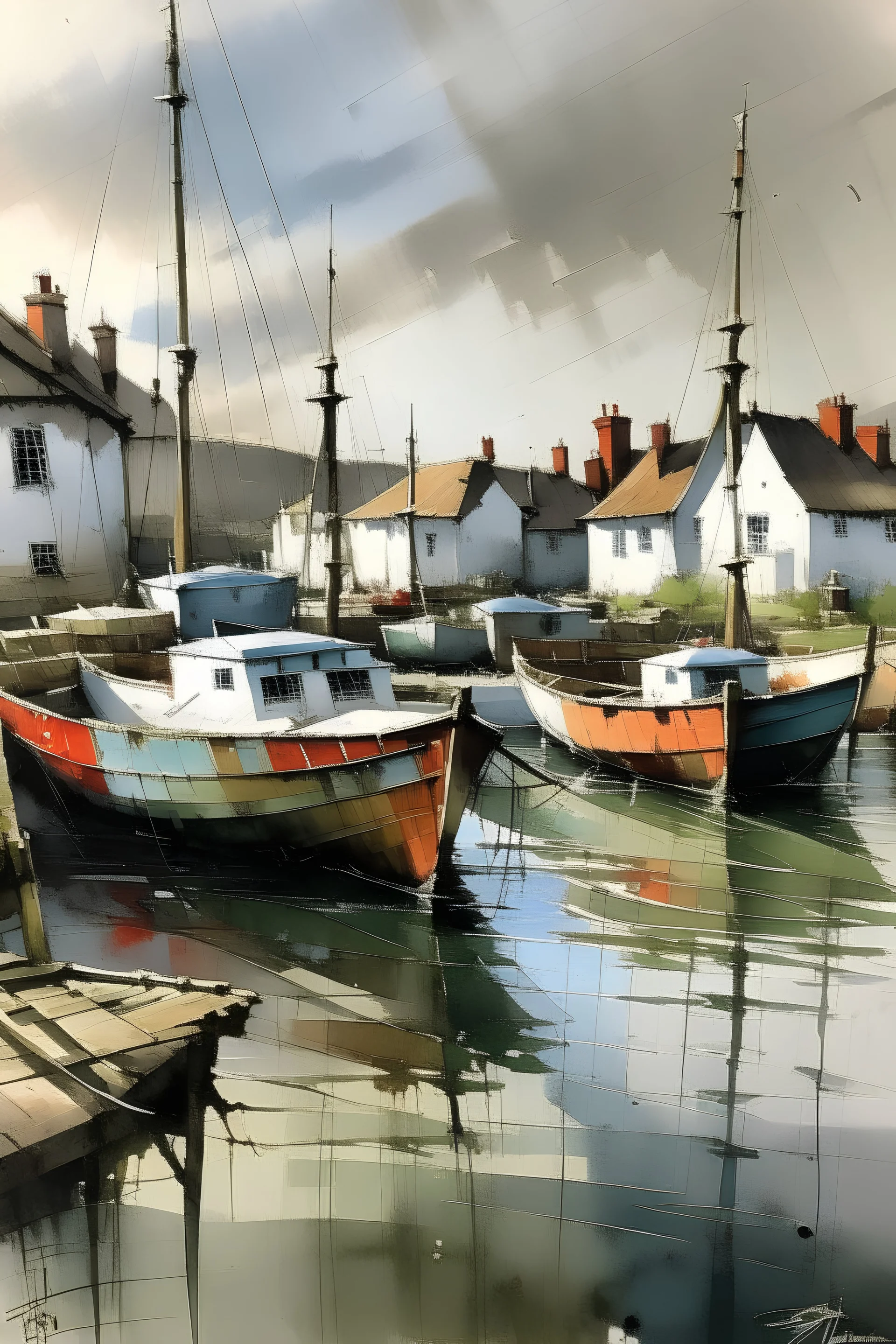 English fishing port in the style of Christopher Forsey