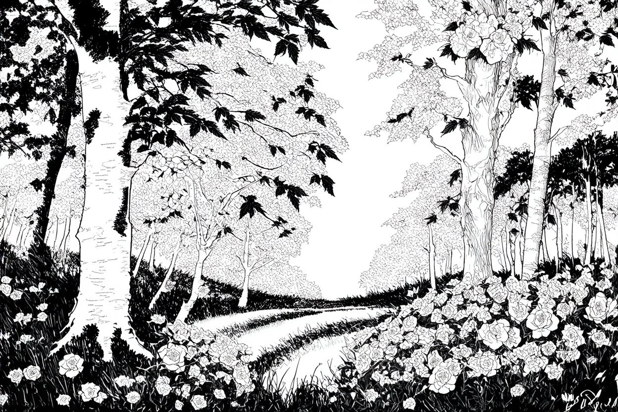 black and white line sketch of wild roses in the woods