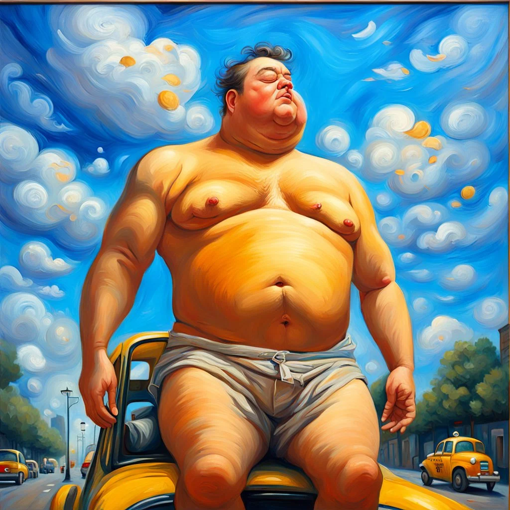 a fat man sleeps in a street in a taxi oil painting