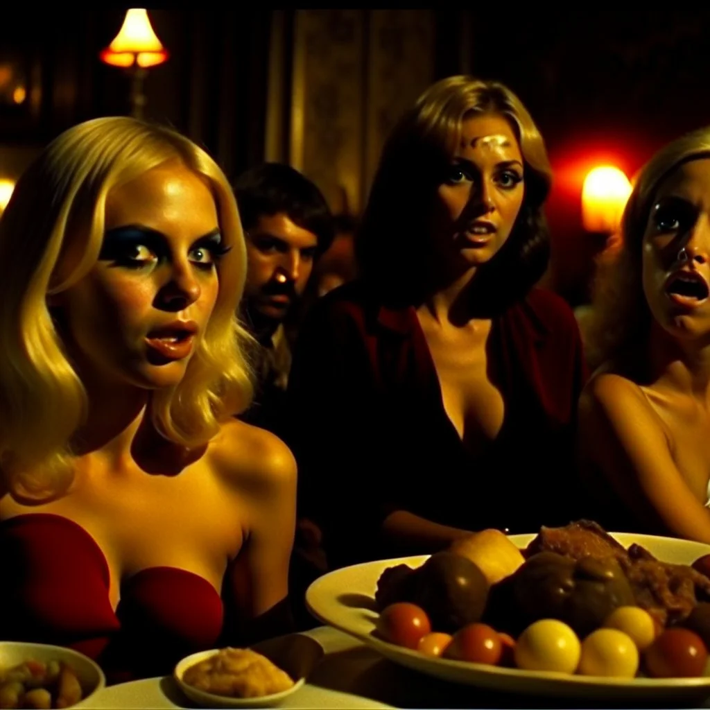 Horror movie shot, hot, ultra realistic, dine, horns, ultra chaos, realistic hot blonde women, party, pieces of meat, organs, hot dynamic, very excited people, hypermaximalist figures, light, 1970's Italian horror movie, sinister,, Dario Argento, Stanley Kubrik, ornate, 4k, photorealism